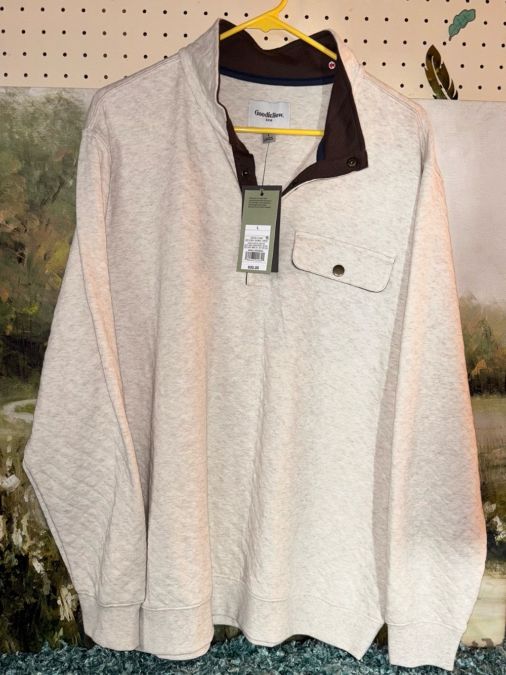 Goodfellow & Co Cream Henley with Brown Trim
